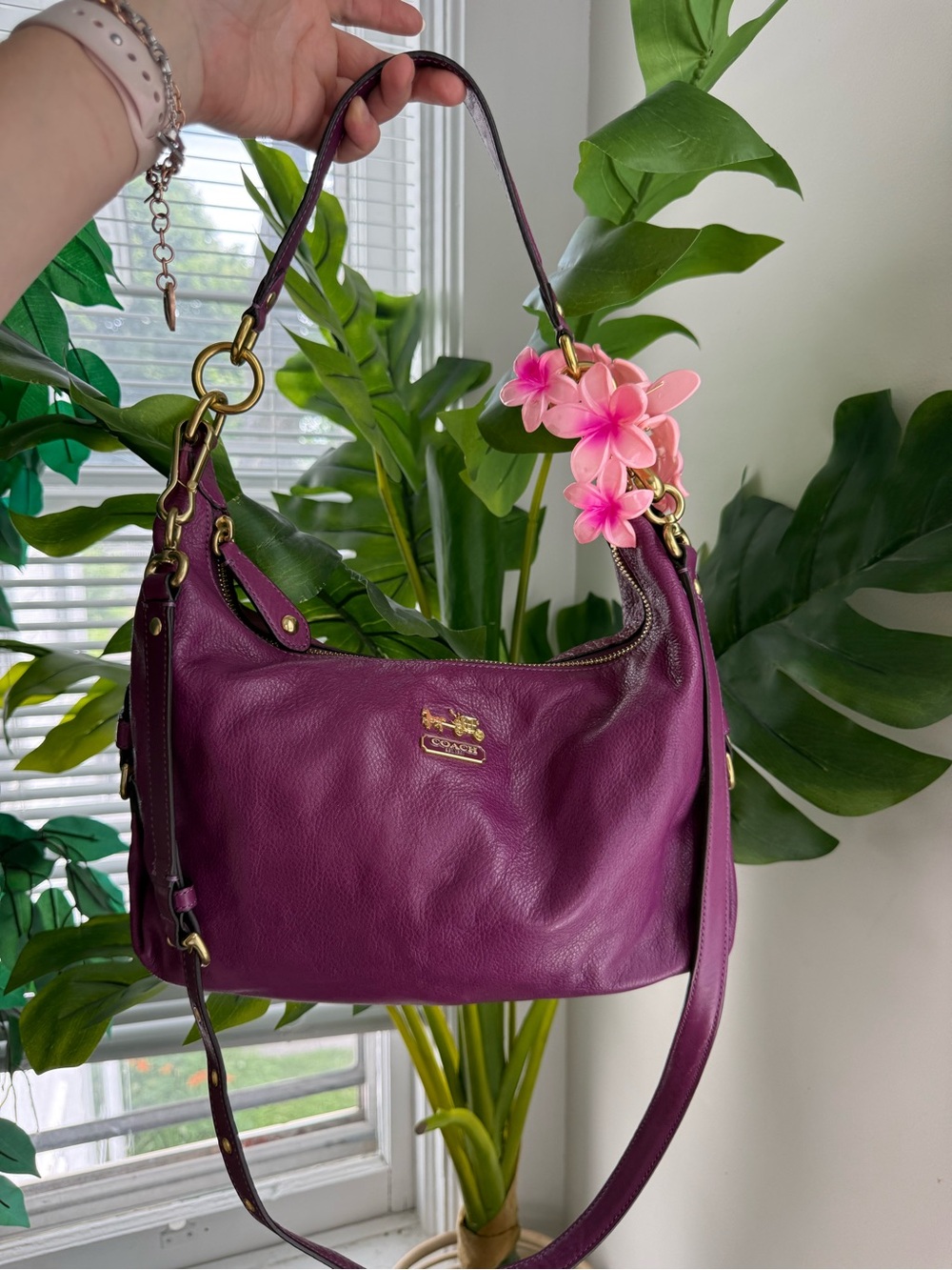 Coach Plum Leather Shoulder Bag with Gold Hardware